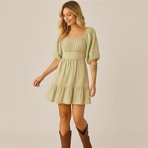 Tie Back Ruffle Boho Flowy Mini Cottagecore Fairy Dress in Sage Green, Size 12